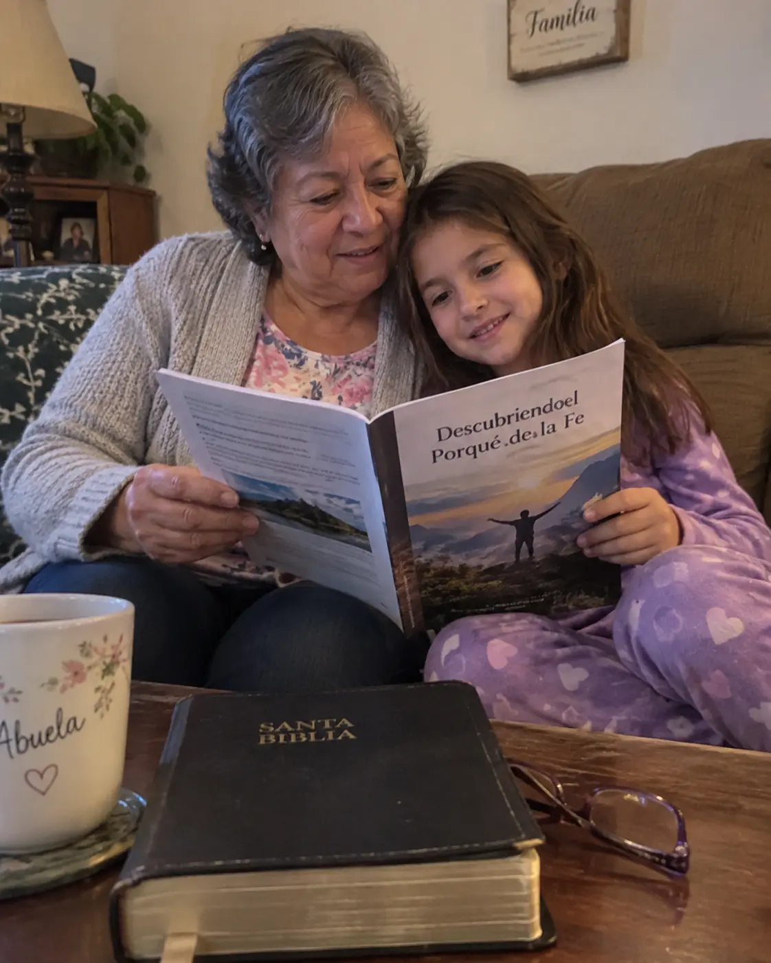 Abuela y nieta leyendo juntas el material de fe